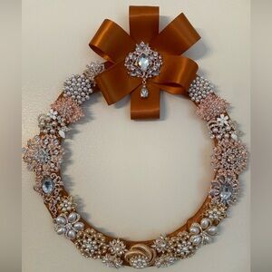 Vintage Rhinestone Jewelry Brooch Wreath One Of A Kind 14 inch Wall Art Decor